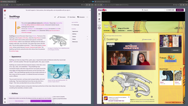 On the left, a wiki page showing several paragraphs of text and two images. On the right, a Fandom wiki page with a video ad center, showing only one image below.